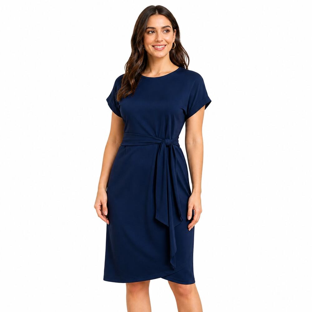 Chaps Navy Blue Tie Waist Knee Length Dress Short Sleeve NWT